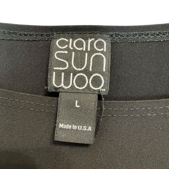 CLARA SUN WOO Size L Black 3/4 Dolman Sleeve Top Faux Leather Trim Minimalist - Picture 2 of 8
